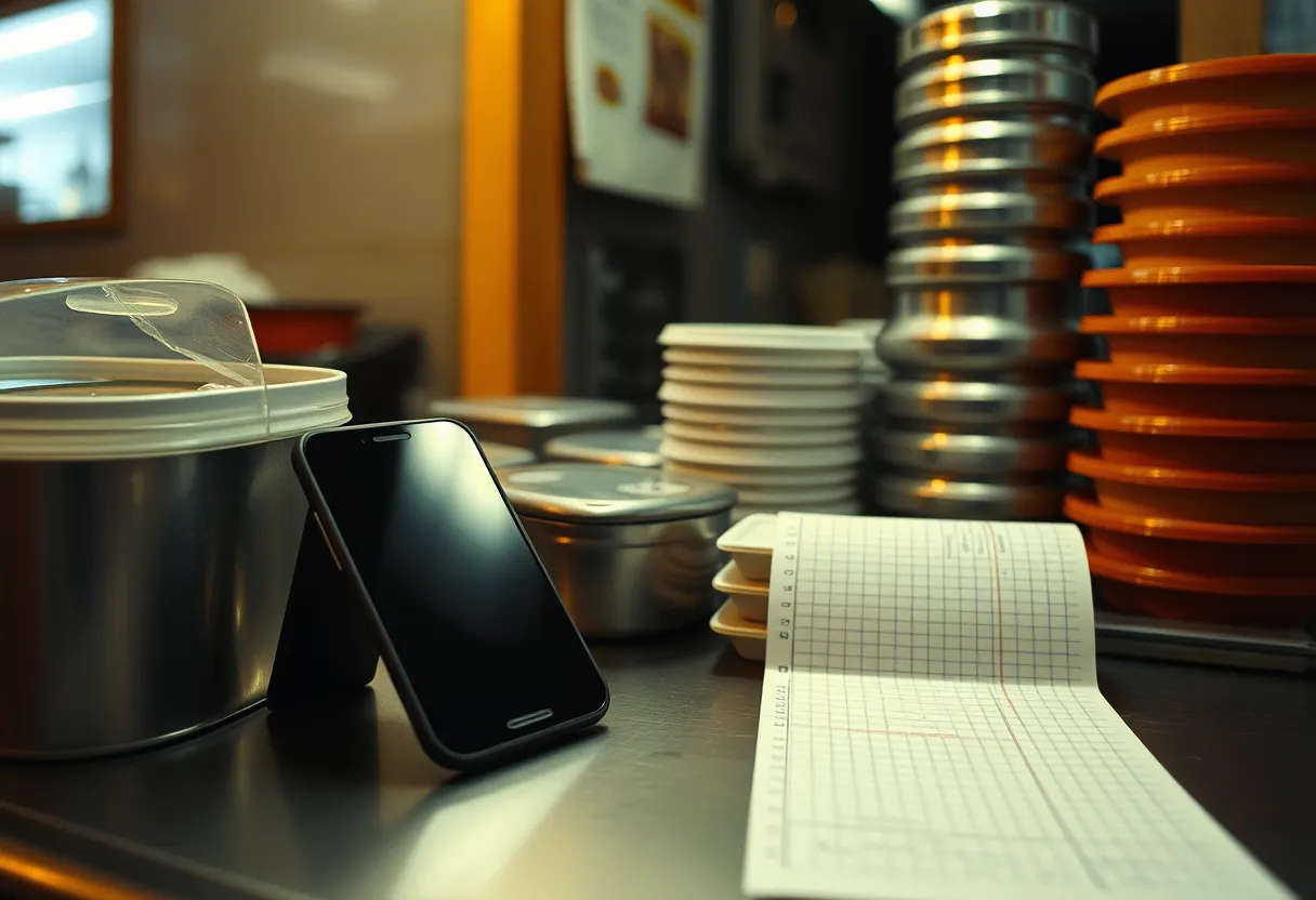 A food stall counter at dusk with a paper ledger, a phone and a cash tin