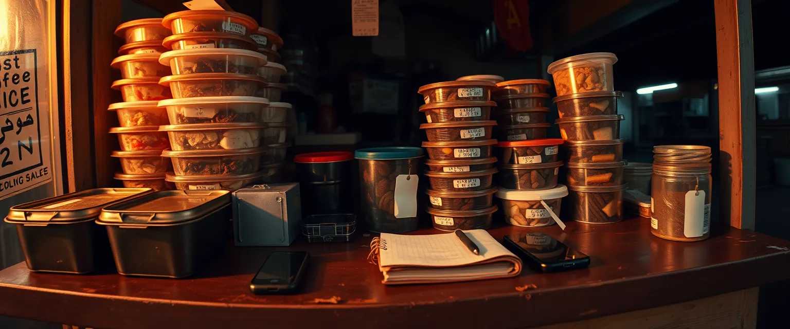 A market stall counter at dusk with stacked containers, a paper notebook and a phone