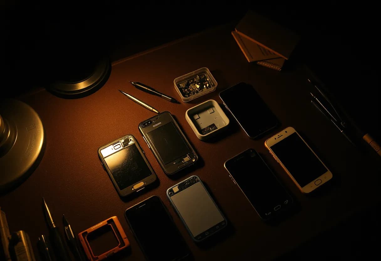 Disassembled smartphones and precision tools on a repair bench