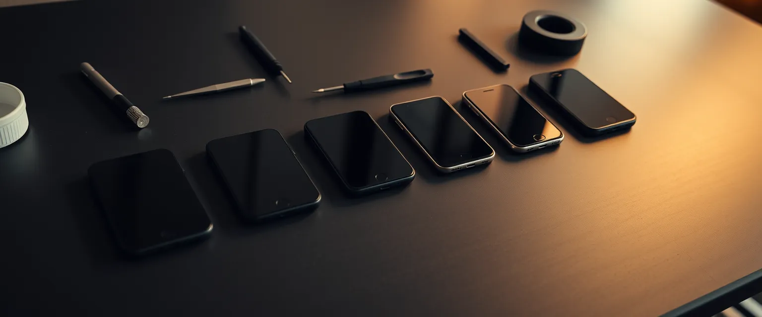 A row of smartphones laid out on a workbench