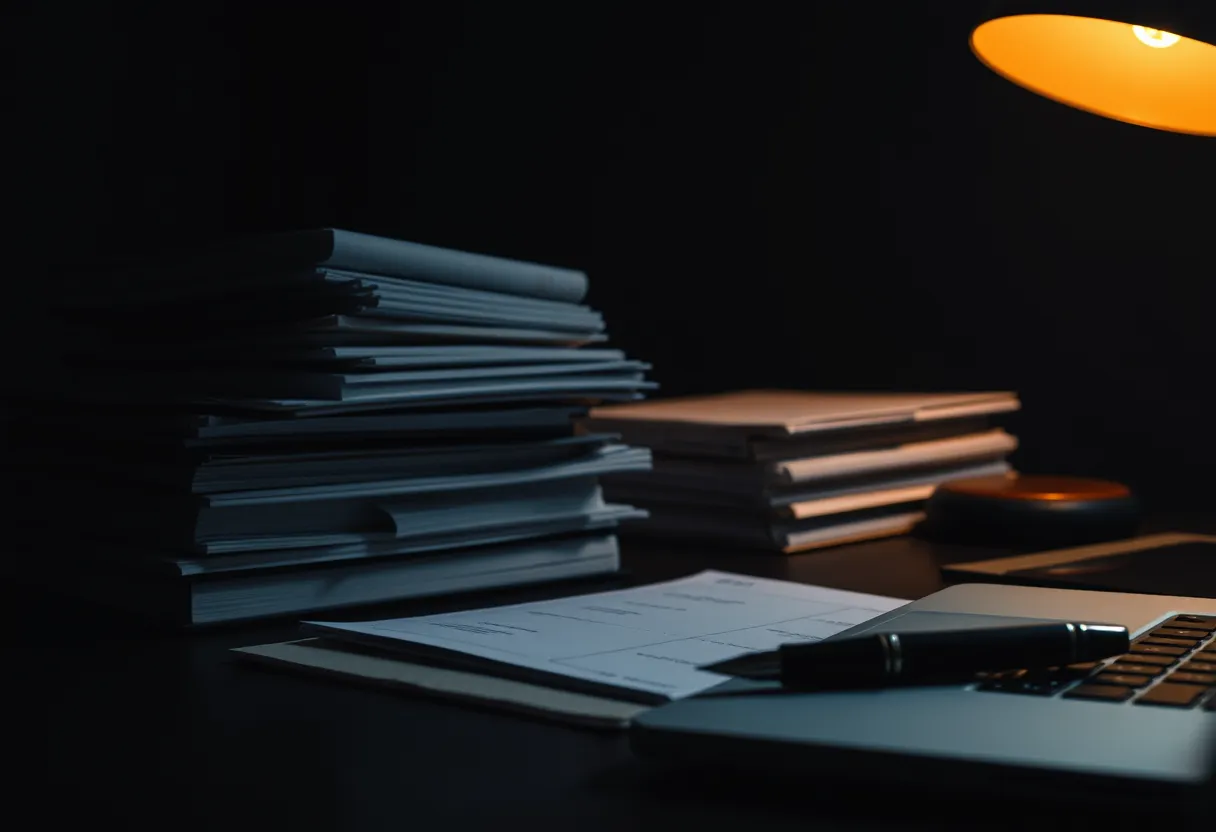 Legal case files and law reports stacked on a desk under a lamp