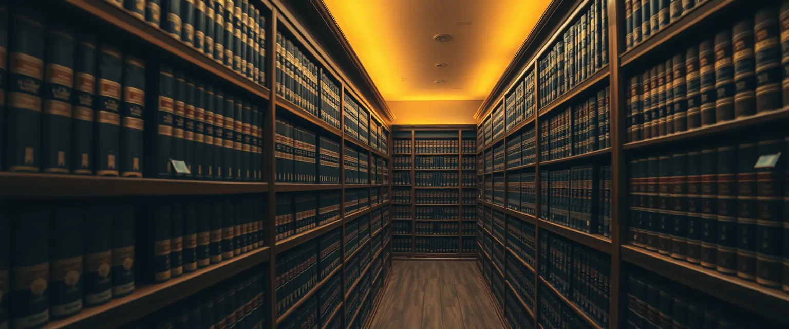 Shelves of bound legal volumes in a law library