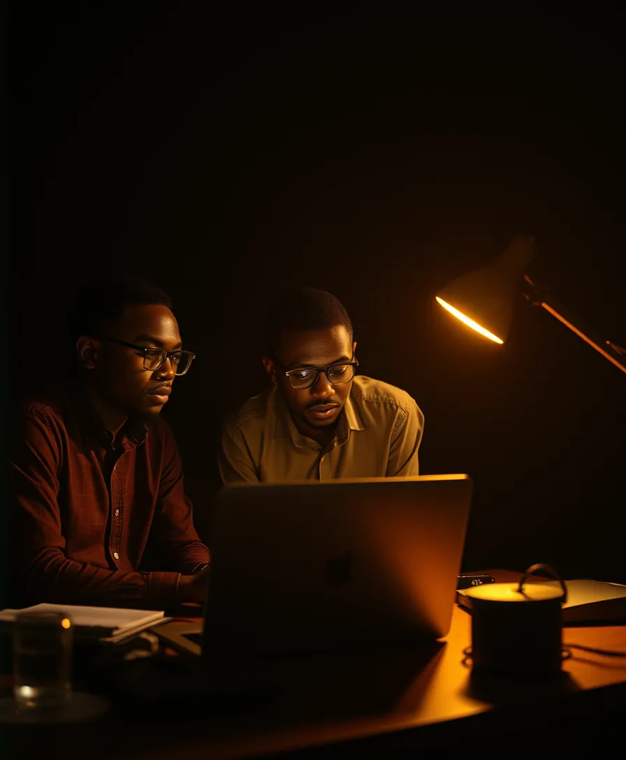 Two engineers reviewing work on a laptop in a darkened studio